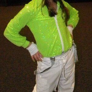 Girl Size Small - Green Sparkly Jacket, White Pants & Hat.